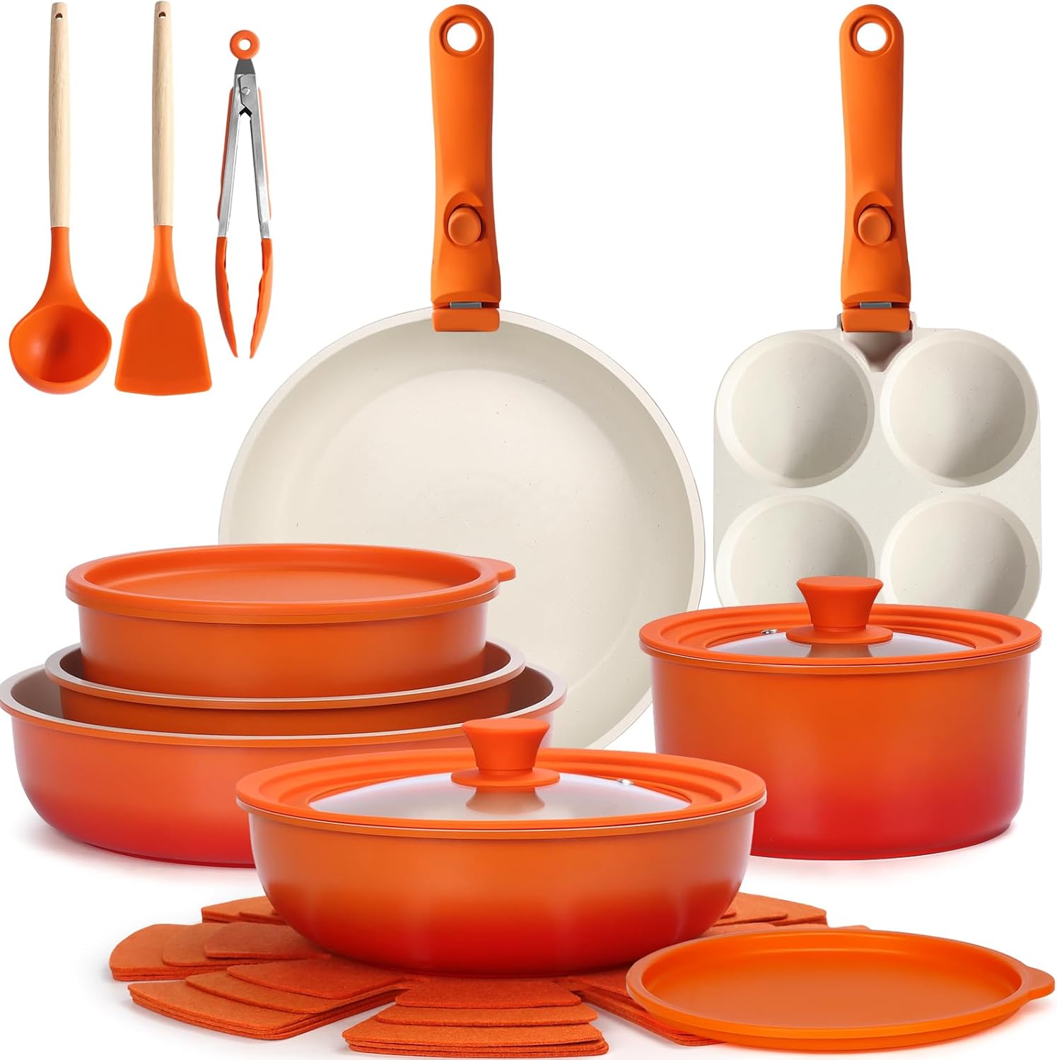 GIPP 21PCS Pots and Pans Set Non Stick, Kitchen Cookware Set Detachable Handle, Orange Gradient Pot and Pan Set, Non Toxic Cooking Pan Set with Frying Pans Set, RV Cookware Sets for All Stoves