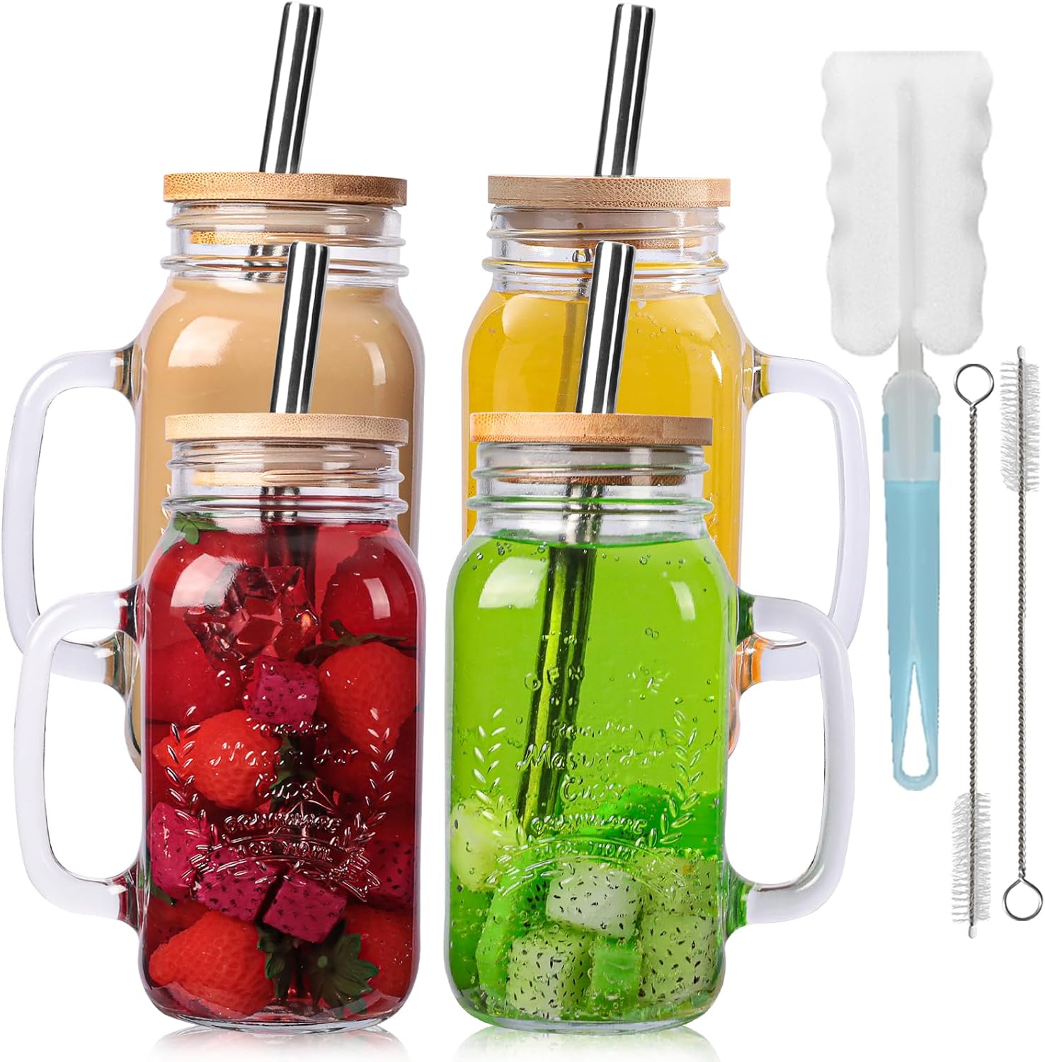 4 Pack 24Oz Mason jar cups with lids and straws, Mason Jars with Handle, Mason Jar Drinking Glasses with Lid and Straw, Mason Jar Mugs