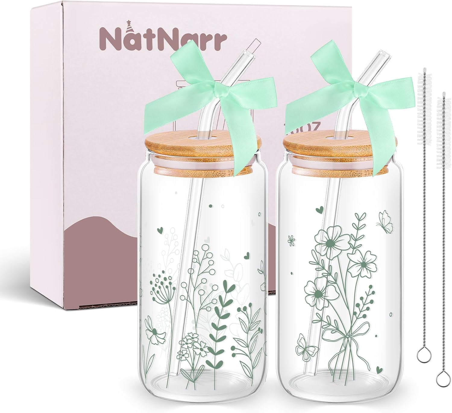 NatNarr 2 Pcs Glass Cups with Lids and Straws, Gifts for Women 16oz Sage Green Floral Glass Coffee Cups, Cute Aesthetic Glass Cup for Girls New Mom Birthday Baby Shower Wedding Garden Party Gift