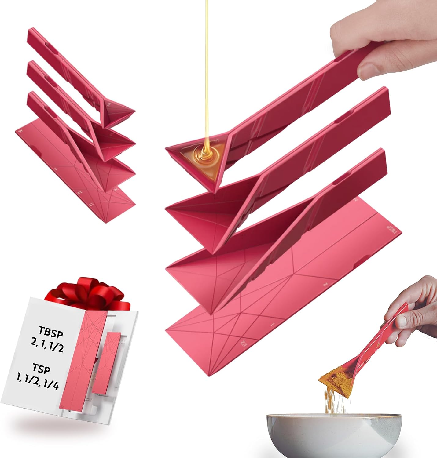 POLYGONS – Original Flat 3-in-1 Folding Measuring Spoons | 2 Spoons fold into 6 Sizes | Magnetic | DuraBend Tech lasts 100k+ folds | LeakProof for Wet & Dry | Gift Packaging | Baking/Cooking (Maroon)