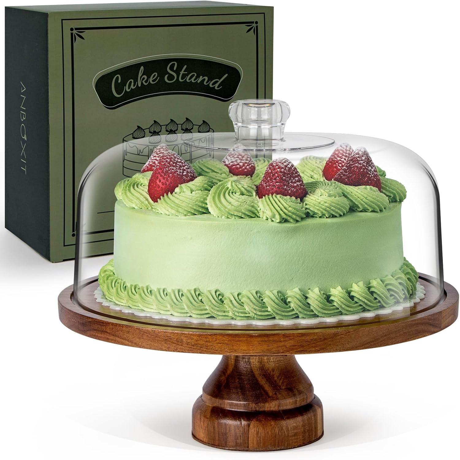 ANBOXIT Cake Stand with Dome Lid, Acacia Wood Cake Plate with Cover, Wooden Cake Display Stand with Acrylic Dome – Footed