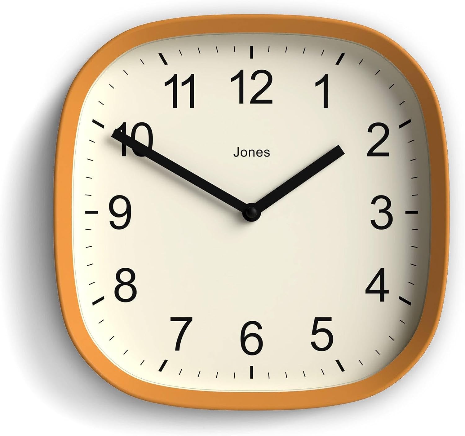 JONES CLOCKS® Sprite wall Clock | Modern Retro Rounded Square Clock | 10″ | Mustard Yellow | Easy to Read Numbers | Perfect for Kitchen or Office