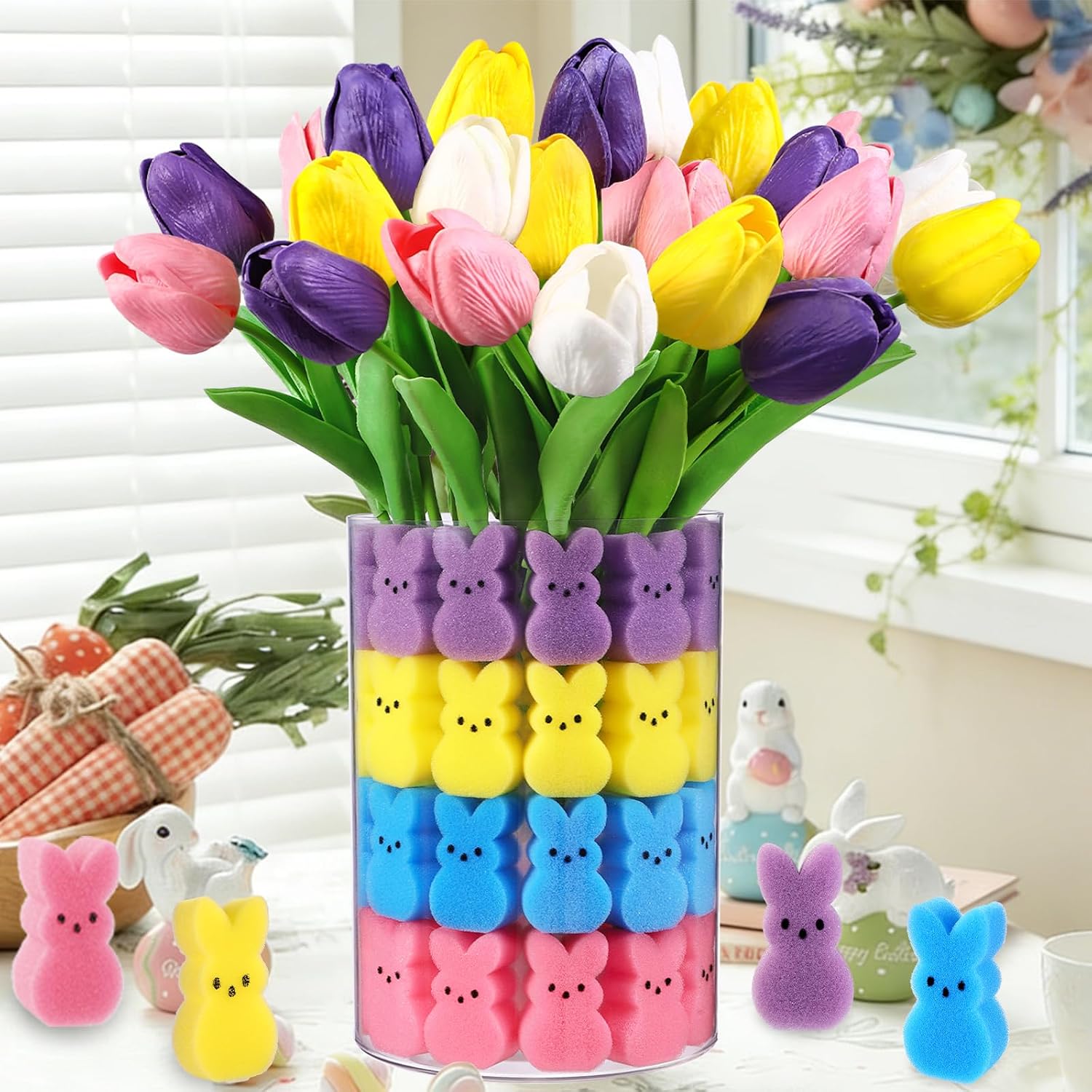 JOICEE Easter Decorations, 15pcs Artificial Tulips with 48pcs Sponge Bunnies Vase Filler Set Fake Tulips Flowers for Easter Decor Spring Home Kitchen Table Centerpieces Decoration