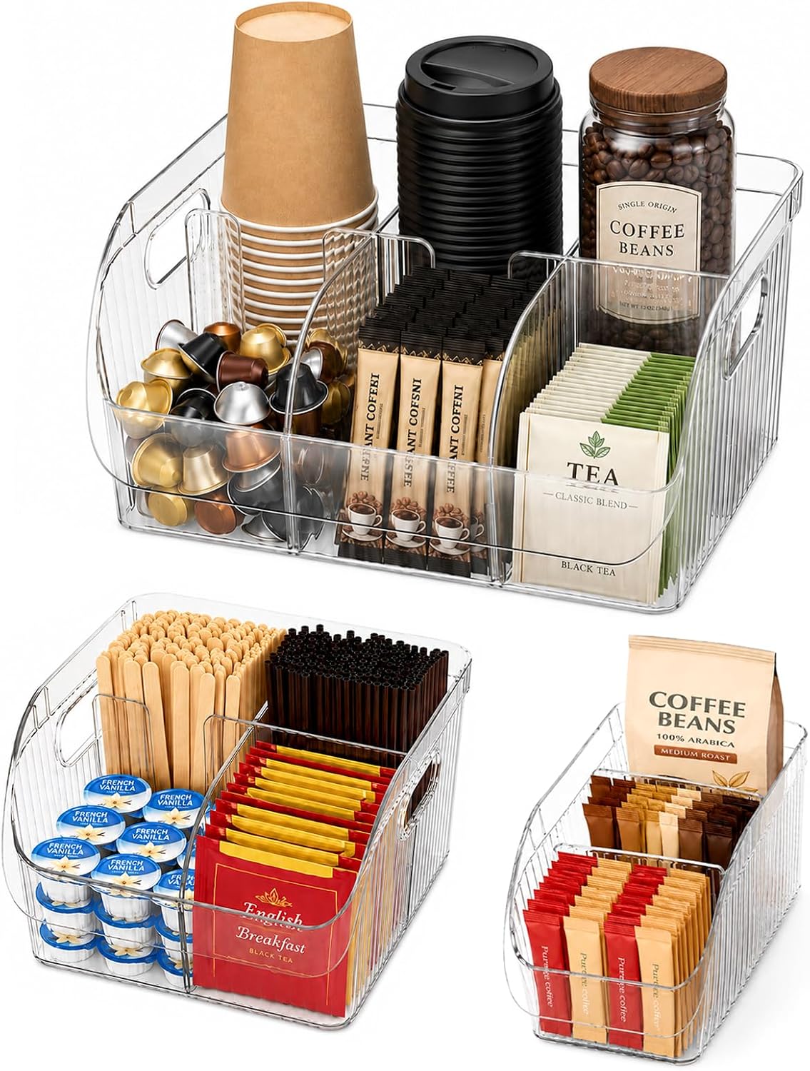 Set of 3 Coffee Station Organizer for Countertop – Clear Storage Caddy with Adjustable Dividers for Condiment Snack Kcup Pod Cup Sugar Creamer Syrup, Tea and Coffee Bar Accessories