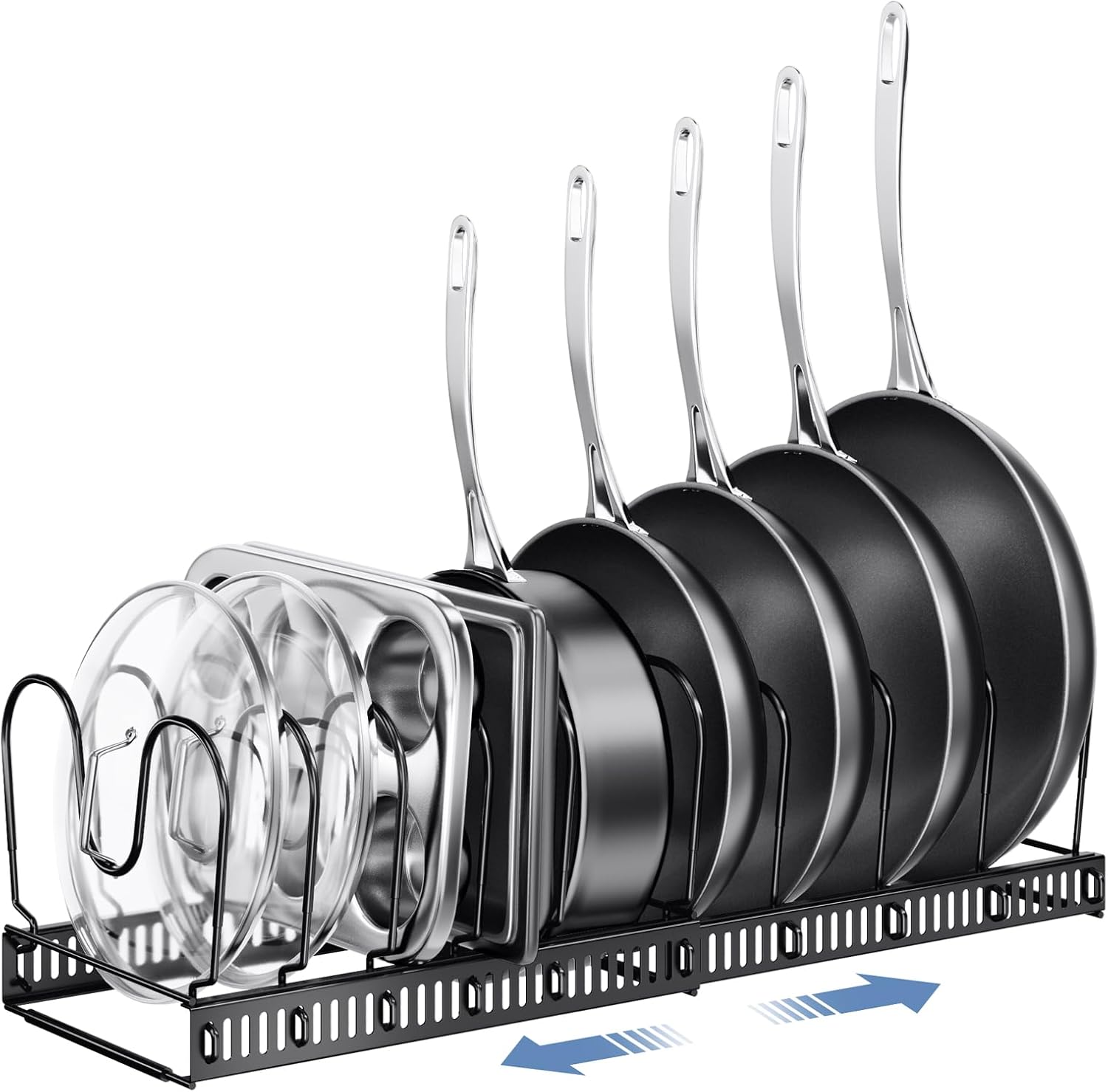 ORDORA Pots and Pans Organizer under Cabinet with Pot Lid Organizer, Expandable Rack for Pan and Pot Organizers Inside Cabinet, 12″-23″ Adjustable with 10 Dividers for Kitchen Organization, Black