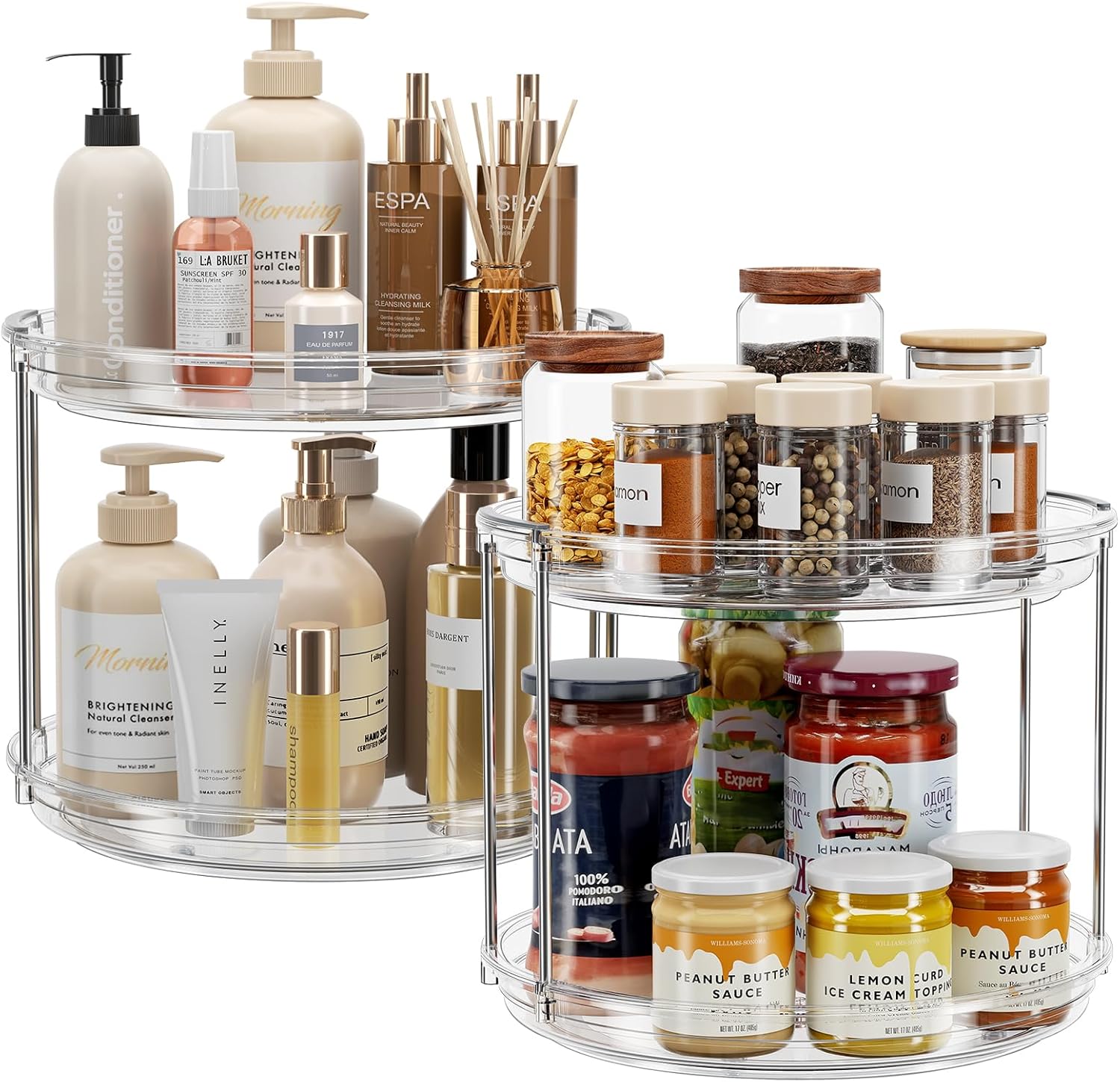 LAMU 2 Pack 2 Tier Lazy Susan Turntable Organizer 9.25” Rotating Spice Rack Organization for Cabinet, Kitchen, Pantry, Countertop, Bathroom, Vanity, Medicine Cabinet Organizer, Clear