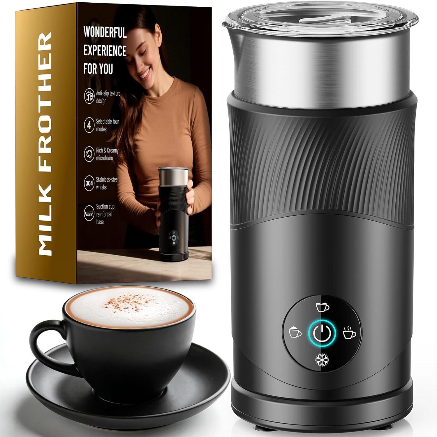 𝟔𝟕%𝐨𝐟𝐟 Large Capacity Milk Frother: 4-in-1 Electric Milk Steamer 350ml, 7700RPM High Speed, 120s Fast Frothing, 𝐇𝐨𝐭 & 𝐂𝐨𝐥𝐝 Foam Maker, Helpful Stainless Steel for Latte – Grayish Black