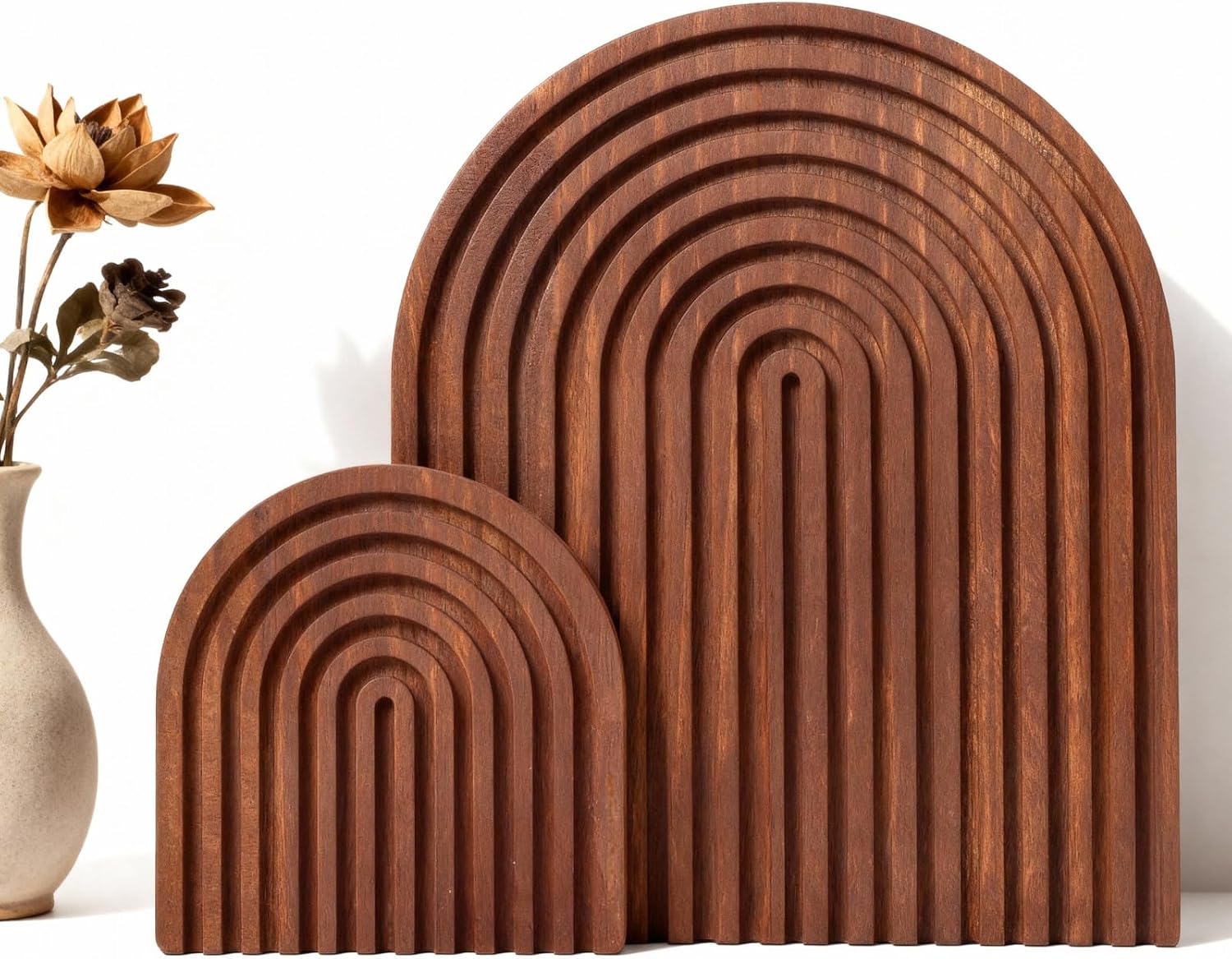 2 Pcs Dark Brown Wood Arch Decor, Boho Shelf & Serving Board for Fireplace Mantel, Kitchen Counter – Vintage Espresso Finish, Mid Century Modern Farmhouse Accents for Living Room, Home Office