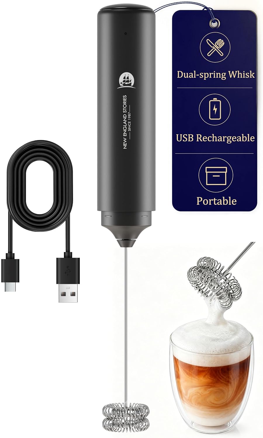 Rechargeable Milk Frother Handheld, 2-IN-1 Dual Spring Whisk Electric Frother Wand for Cappuccino Latte Macchiato, Portable Drink Mixer for Coffee, Matcha, Hot Chocolate