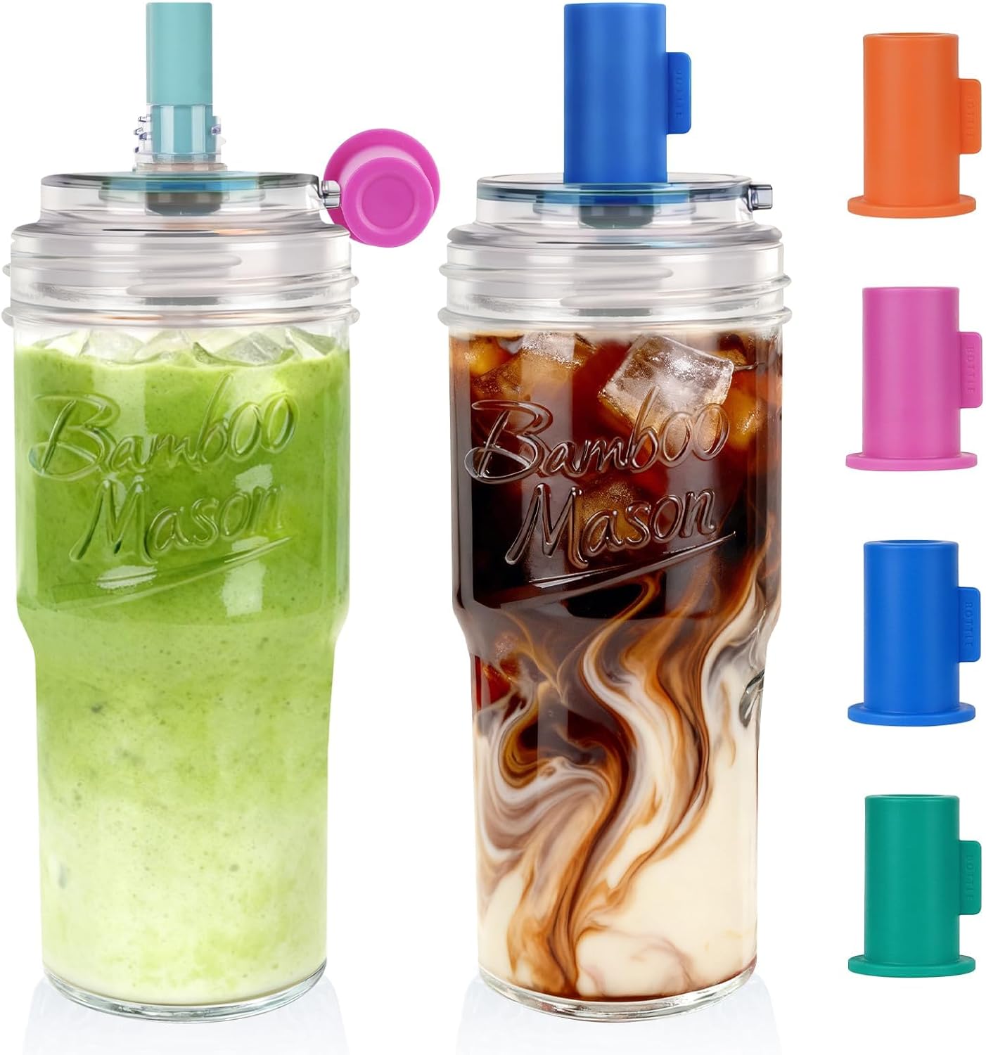 ANOTION 2pc Glass Tumbler with Lids and Straws, Leakproof 24oz Mason Jar Cups, Cap Cup Leak-Proof, Self-Assembly Silicone Straw, Reusable Iced Coffee Smoothie Matcha Cup Aesthetic Coffee Gifts Women