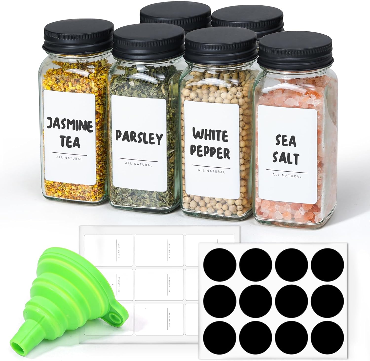 ComSaf Glass Spice Jars with with Labels 4 oz 6 Pack Small Square | Empty Containers, Seasoning Herb Powder, Salt Pepper Chili, Spice Rack Organization, Kitchen Cabinet Storage, Funnel Included