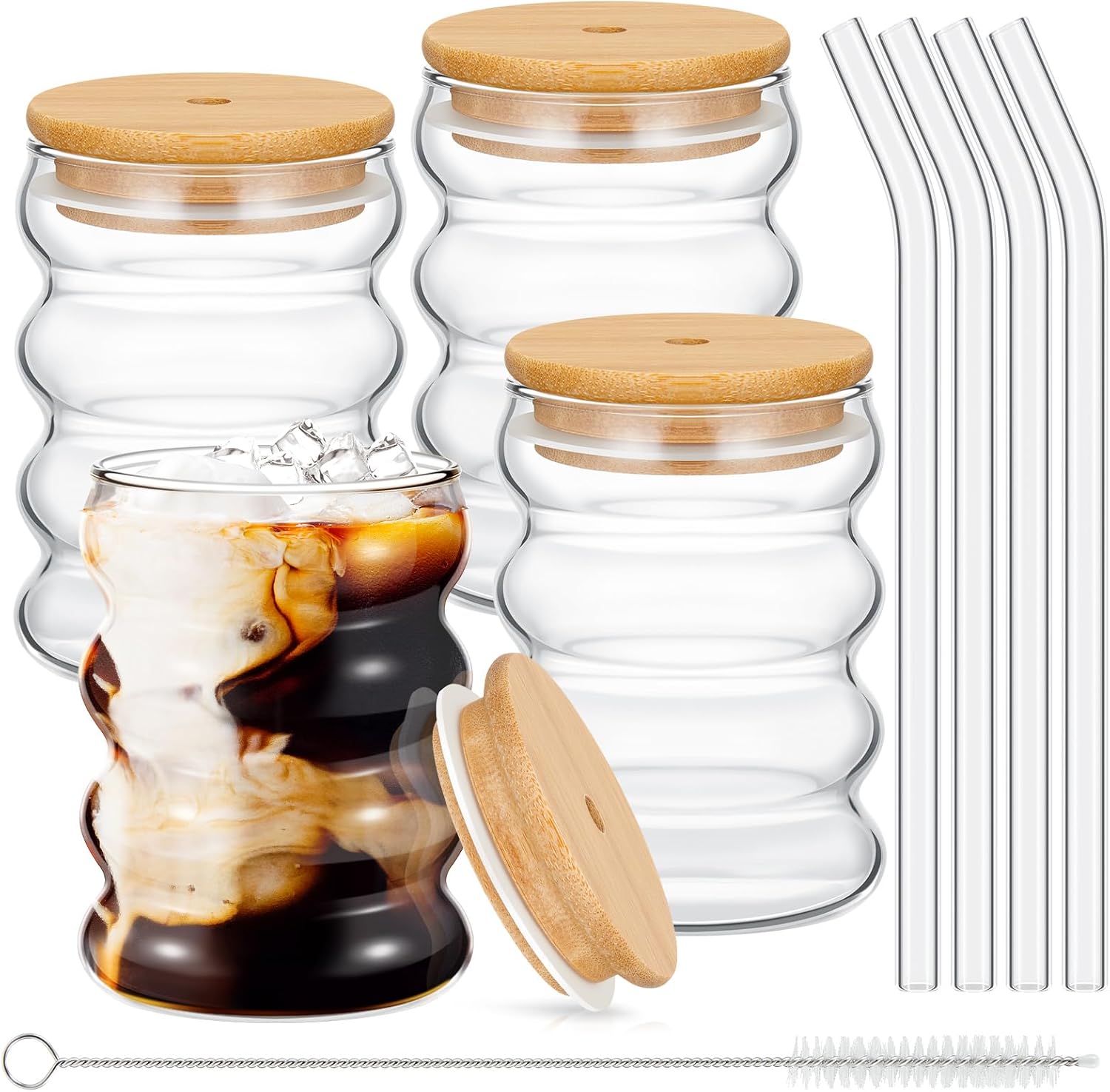 Tessco for you 4 Pcs Creative Glass Cups with Lids and Straws Brush, 12 oz Aesthetic Cup Iced Coffee Glasses Clear Ribbed Glassware Wave Tumbler Drinking Cups for Juice Coffee Beverage Bubble Tea