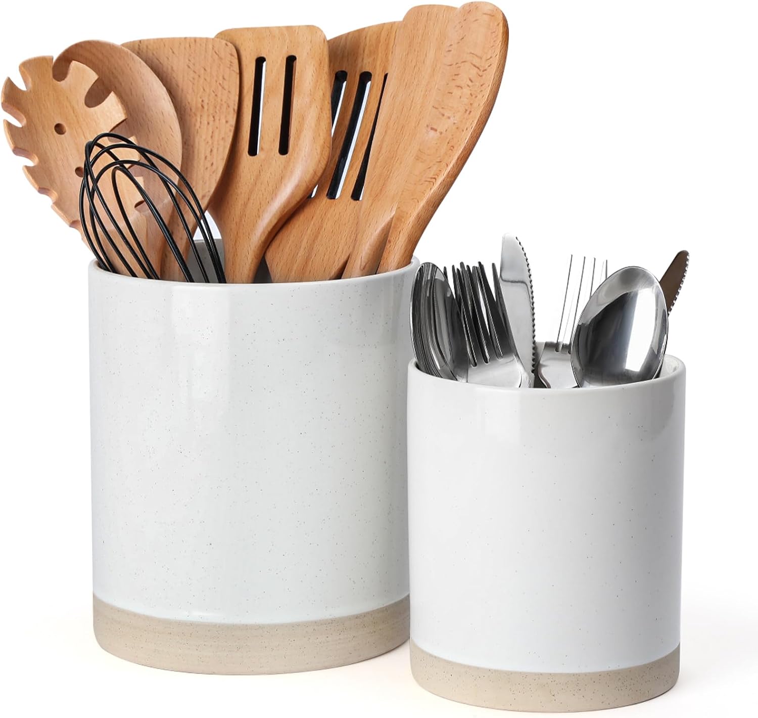 famiware Milkyway Kitchen Utensil Holder for Countertop, 7.2″+5.8″ Ceramic Cooking Utensil Crocks for Counter, Utensil Organizer for Spatula & Spoon, Kitchen Decor, Set of 2, White