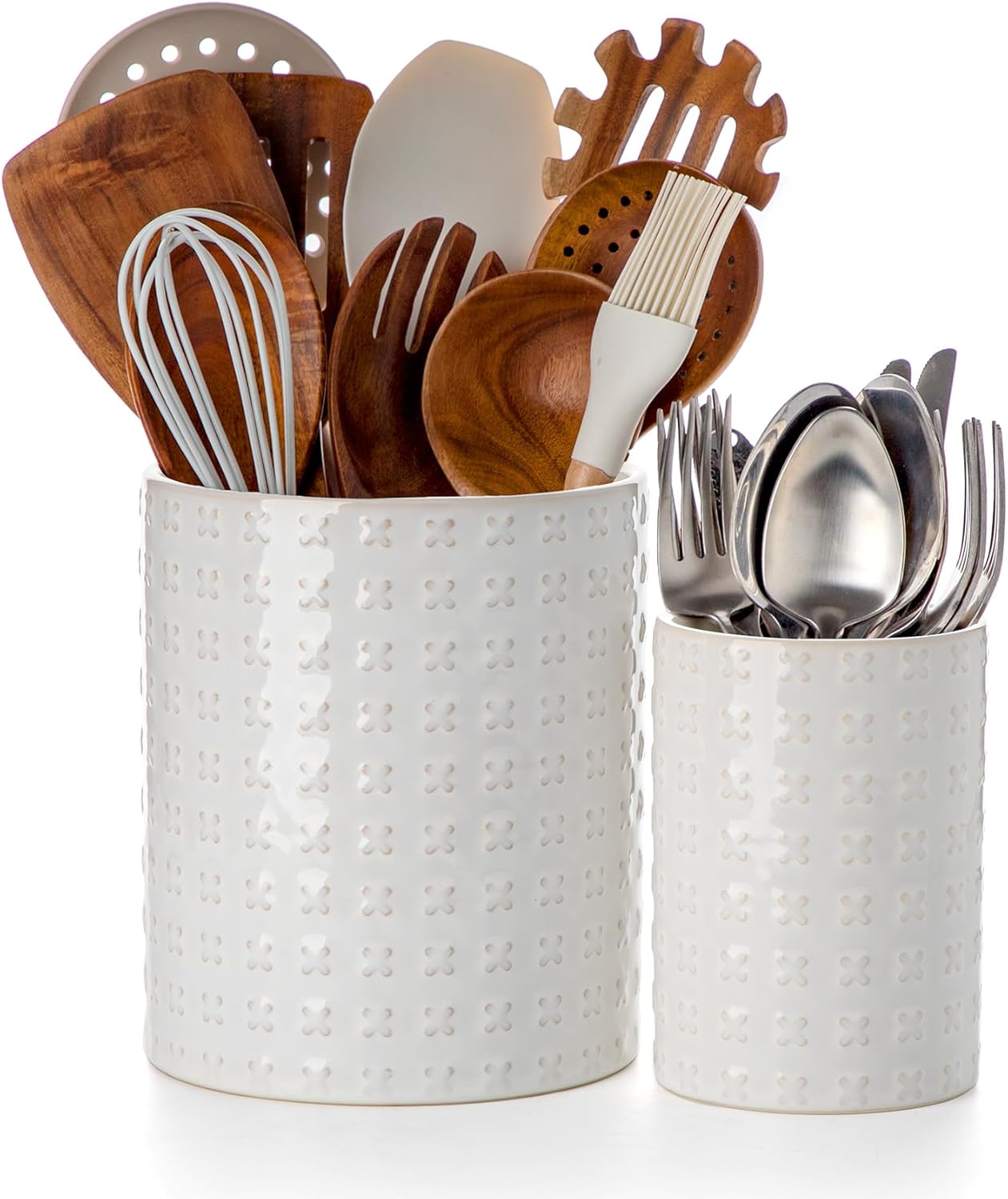 Nucookery Ceramic Utensil Holder for Kitchen Counter Organizer, Set of 2 | 7.1″&5.4″X-Texture, White Large Stable Cooking Utensil Crock for Countertop, Farmhouse Decor, Christmas Thanksgiving Gift