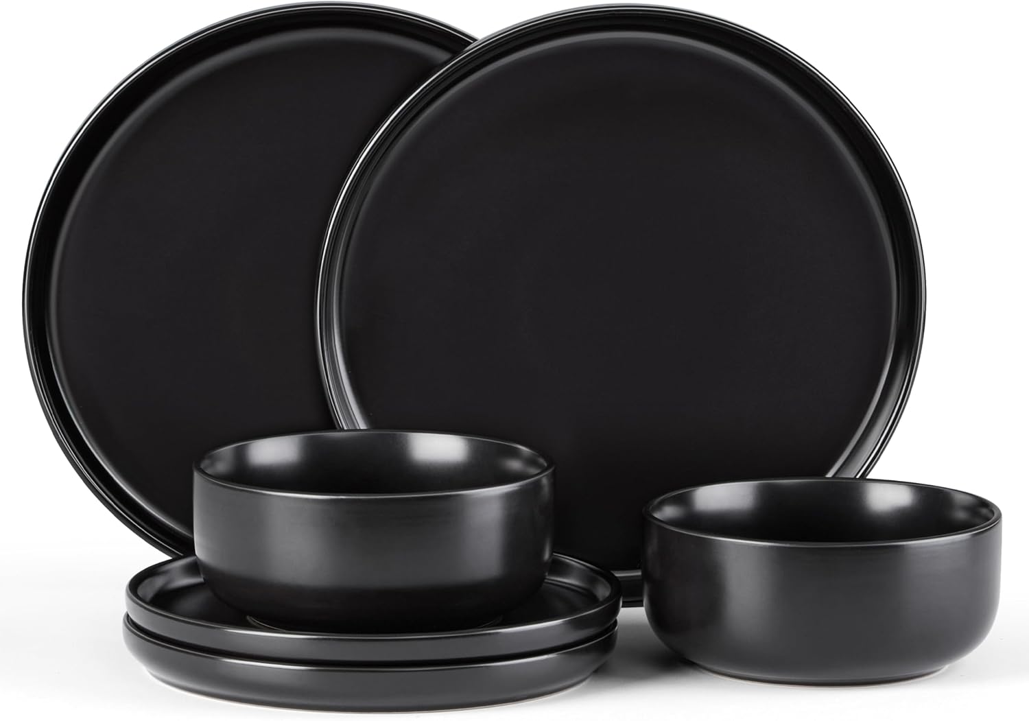 E-far Stoneware Dinnerware Sets for 2, 6-Piece Plates and Bowls Set, Modern Ceramic Dishes Dinning Ware, Microwave & Dishwasher Safe – Matte Black