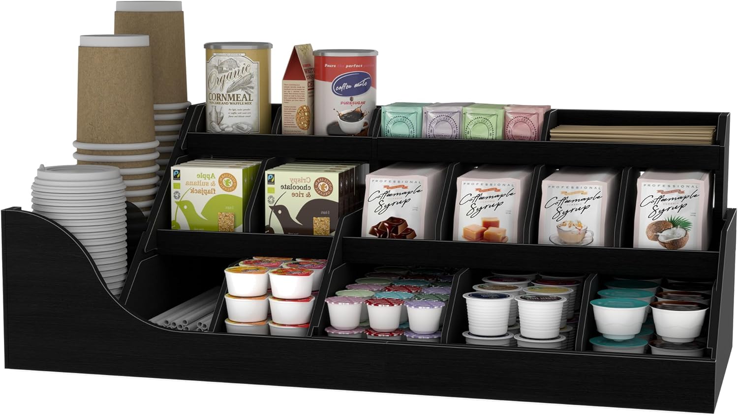 Suli Exact Large Coffee Station Organizer,Wooden Countertop Pods Holder with Drawer for Condiment Syrup Tea Cups for Lobbies,Breakroom,Office,Rustic Bar Decor for Accessories Organizer,3 Tiers -Black