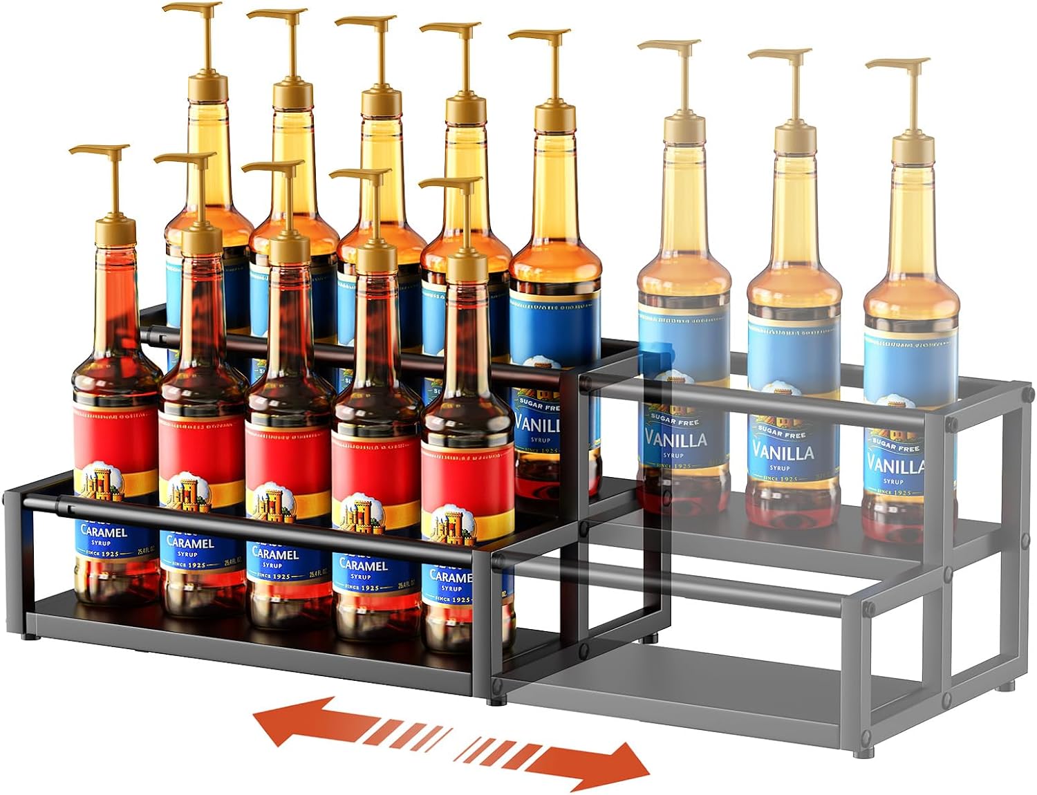 Nuovoware Expandable Coffee Syrup Organizer, 2-Tier Syrup Rack Holds 10-16 Bottles, Adjustable Width Carbon Steel Coffee Bar Organizer for Countertop Kitchen Bar, Liquor Dressing Seasoning, Black