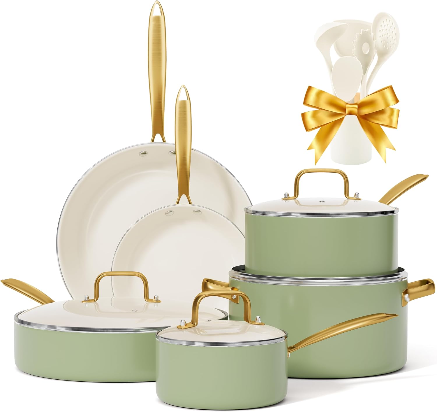 Pots and Pans Set Non Stick – VONIKI Ceramic Cookware Set with Cooking Utensils Set, Non Toxic Kitchen Cookware Sets Dutch Oven Pot with Lid Saucepan Set Sauté Pan Frying Pan Set for Cooking Gifts
