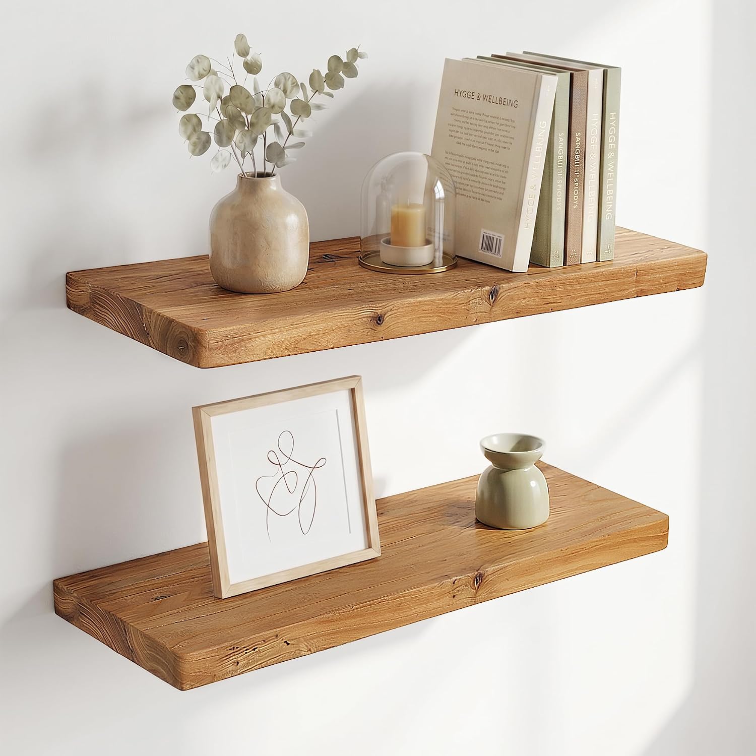 Dreamland 24″ Rustic Elm Wood Floating Shelves, 8 Inch Deep Wall Shelves, Wall Mounted Floating Shelf with Invisible Bracket, Heavy-Duty Display Shelf – for Living Room, Kitchen, Bathroom, Set of 2