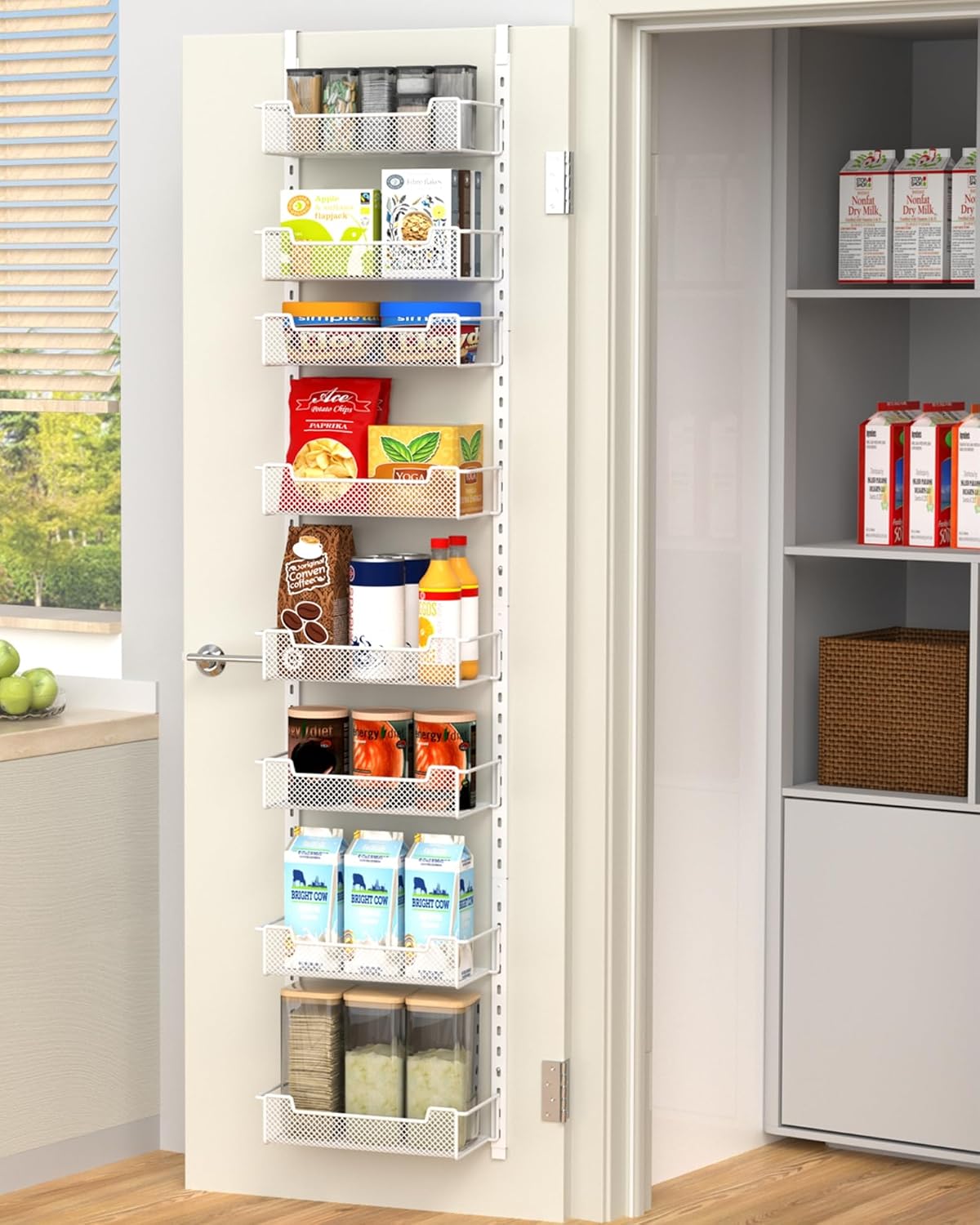 VyGrow 12.3″ W Narrow Over the Door Pantry Organizer, 8-Tier Over the Door Organizer with Adjustable Basket, Pantry Door Organization for Pantry Kitchen Storage Room Spice Rack, White