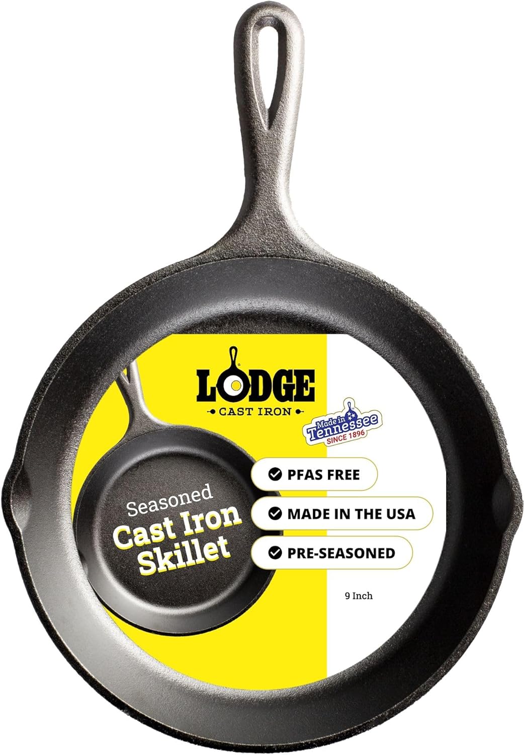 Lodge Seasoned Cast Iron Skillet 9 Inches – PFAS-Free, Non-Toxic Cookware – Use with an Oven, Stove, Grill, or Campfire – Naturally Non-Stick & Oven Safe