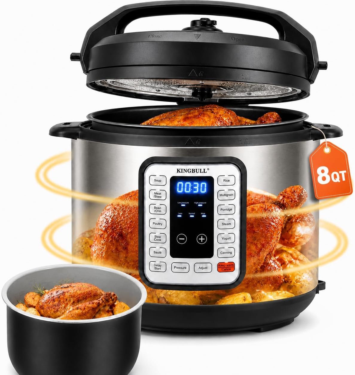 KINGBULL 8QT Electric Pressure Cooker, 12-in-1 Stainless Steel Multi Cooker with Nonstick Inner Pot, Slow Cooker, Rice Cooker, Steamer, Sauté, Yogurt Maker, Warmer, Delay Start