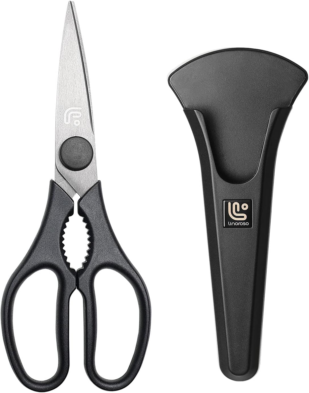 Linoroso Kitchen Scissors All Purpose Kitchen Shears with Magnetic Holder, Heavy Duty Scissors Shears Dishwasher Safe, Come Apart Food Scissors for Meat, Poultry, Cooking, BBQ, Vegetable, Herbs, Black