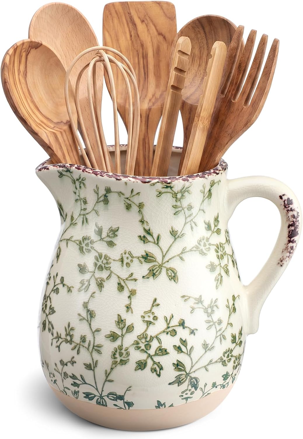 Qinyoung Floral Rustic Kitchen Utensil Holder 7 Inch Ceramic Utensil Holder with Handle Tuscany Vintage Crock Decoration Spatula Organizer for Kitchen Countertop Farmhouse Party Supplies