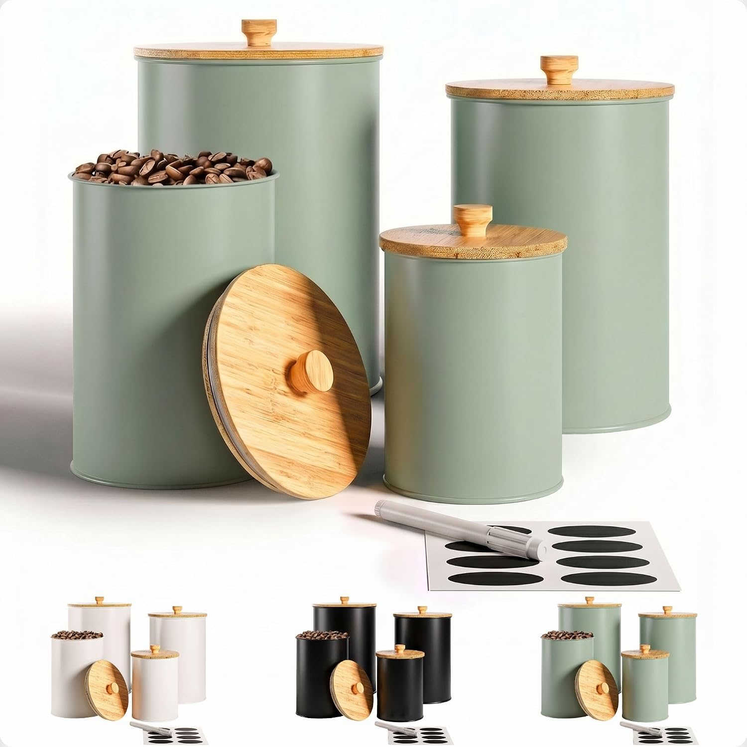 Kitchen Canisters for Countertop Set of 4 with Customizable Chalkboard Labels & Marker Pen – Big Iron Kitchen Canisters with Airtight Lids – Sage Green Canister Set – Flour and Sugar Containers