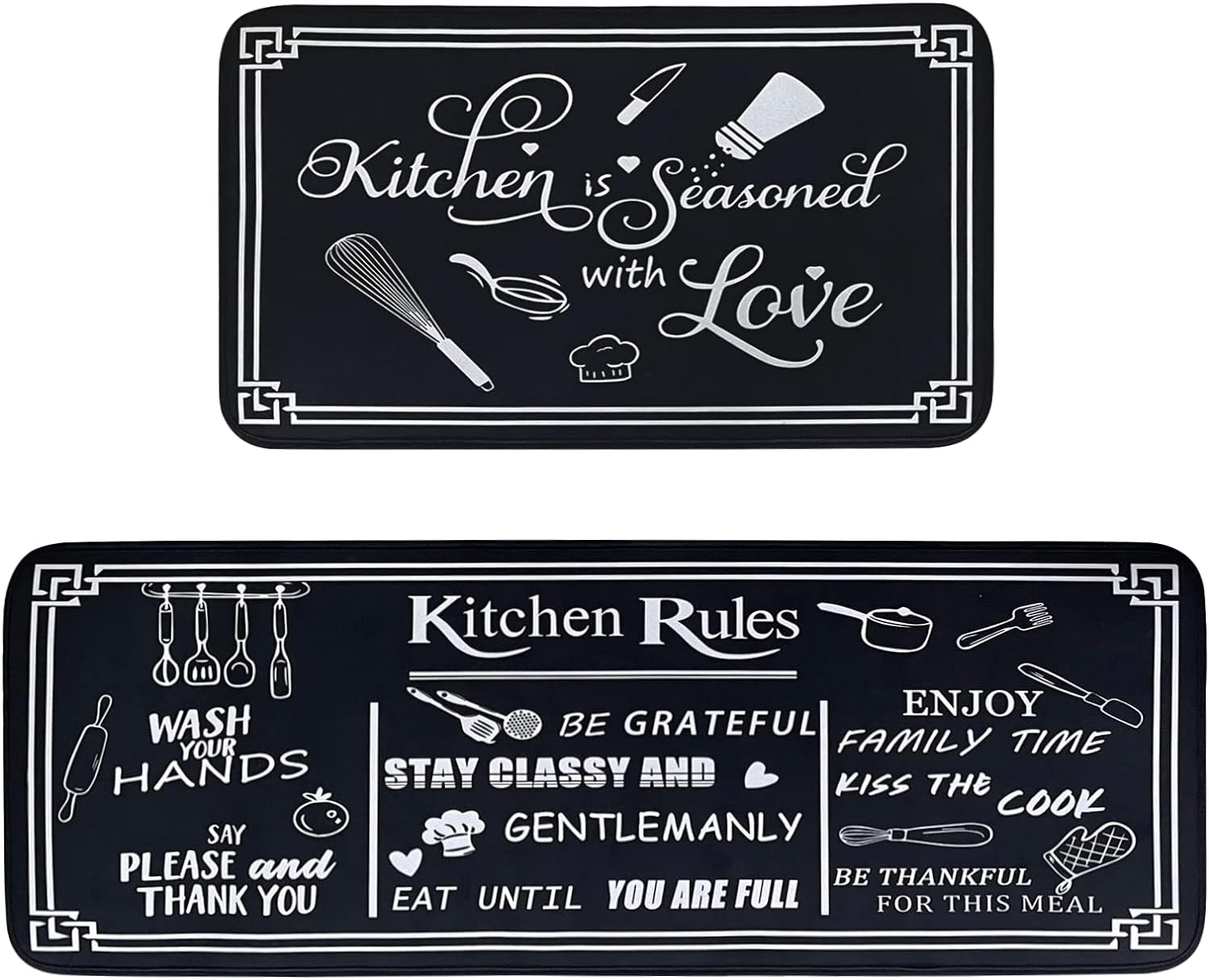 Voanos Black and White Kitchen Rugs,Non Skid Washable Microfiber mats for Kitchen Floor,Kitchen Rules Theme Cushioned Runner Rug Decor Sets of 2,Size 17″x 47″+17″x 30″
