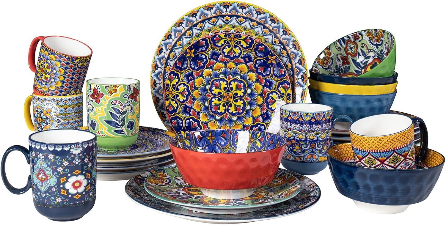 Boho Ceramic Dinnerware Set for 6 – 14oz Mugs, 25oz Bowls, 10.5” Dinner Plates & 8.5” Salad Plates – Microwave & Dishwasher Safe