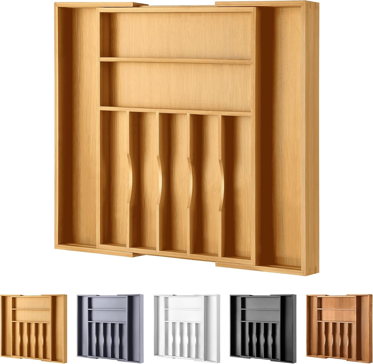 Large Premium Bamboo Silverware Organizer – Expandable Drawer Organizer & Utensil Organizer – 17″x19.7″ Cutlery Tray with Dividers for Kitchen Utensils and Flatware (7-9 Slots) (Natural)