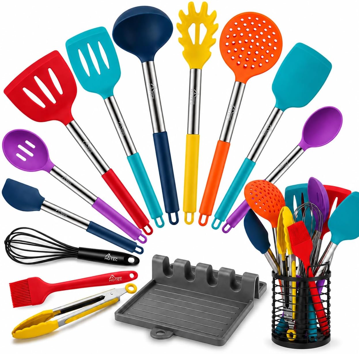 HOTEC 446°F Heat Resistant Silicone Kitchen Utensils, Cooking Utensil Set, Spatula Set, BPA Free, Kitchen Gadgets, Utensils Holder, Dishwasher Safe, 14pcs Multicolor