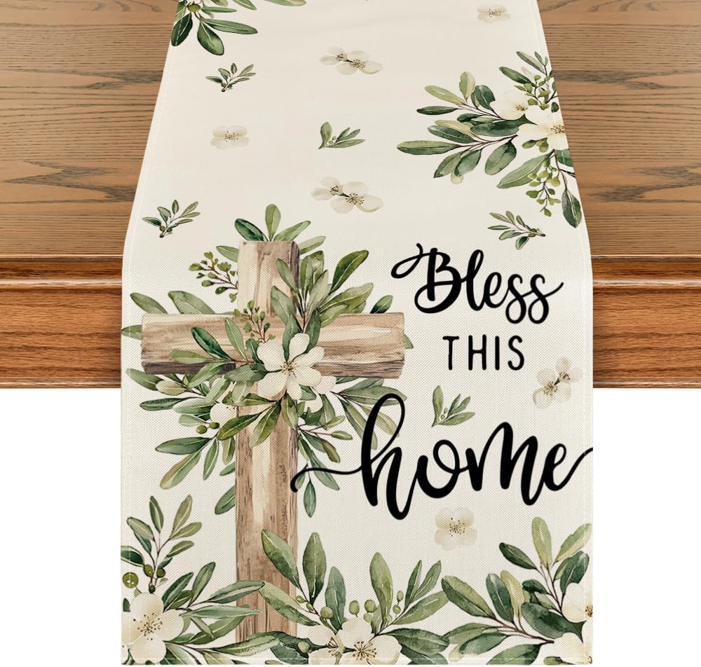 Artoid Mode Cross Olive Leaves Spring Table Runner,Seasonal Summer Easter Kitchen Dining Table Decoration for Home Party Decor 13×72 Inch