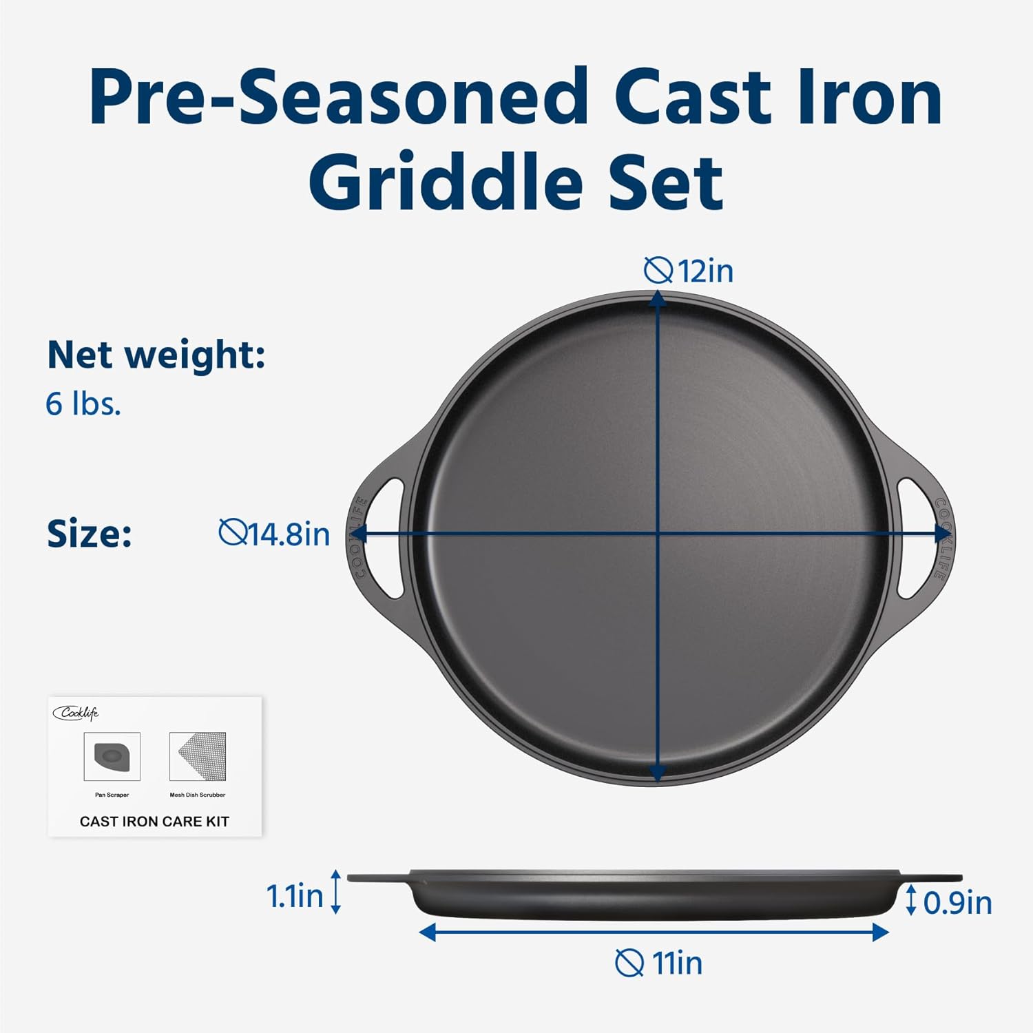 COOKLIFE 12inch Lightweight Pre-Seasoned Cast Iron Griddle Smooth Grill Pan | Non-Stick Polished Flat Pan Use with an Oven, Stove, Grill, or Campfire, Handcrafted, PFAS-Free, Non-Toxic, Easy to Clean