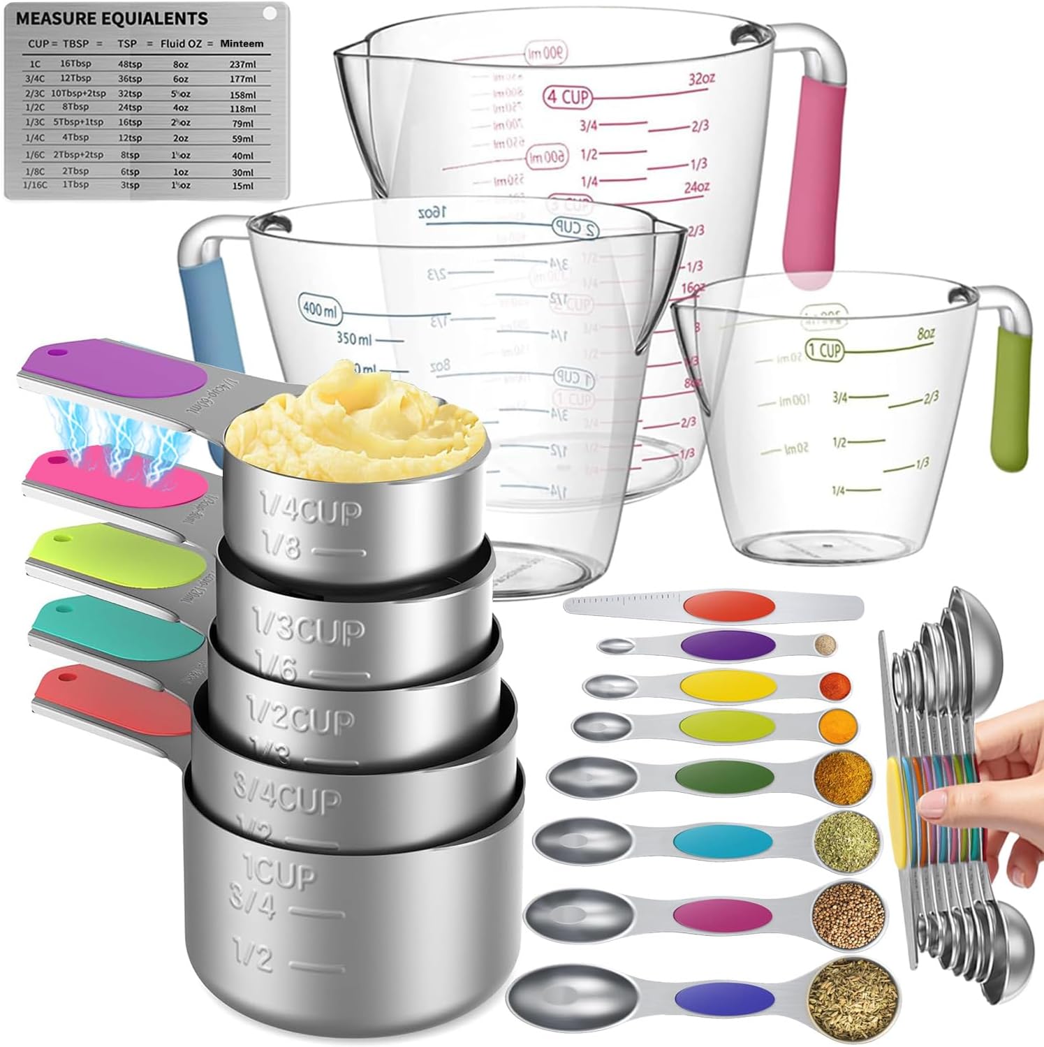 Magnetic Measuring Cups and Spoons Set, 5 Stainless Steel Measuring Cups for Dry and Liquid Ingredients, 7 Magnetic Measuring Spoons, 3 Plastic Measuring Cup with 1 Measuring Conversion Chart