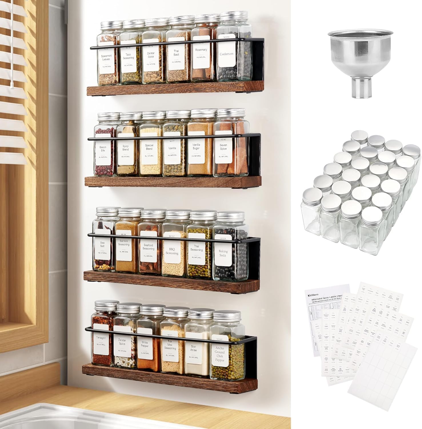 Magnetic Spice Rack with 24 Jars, 216 Labels, 1 Steel Funnel for Refrigerator，Microwave Oven – Full Set of Spice Organizer