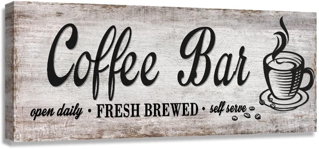 Rustic Wood Grain Coffee Station Decor – Retro Coffee Bar Signs for Kitchen – Self Serve Fresh Brewed Open Daily