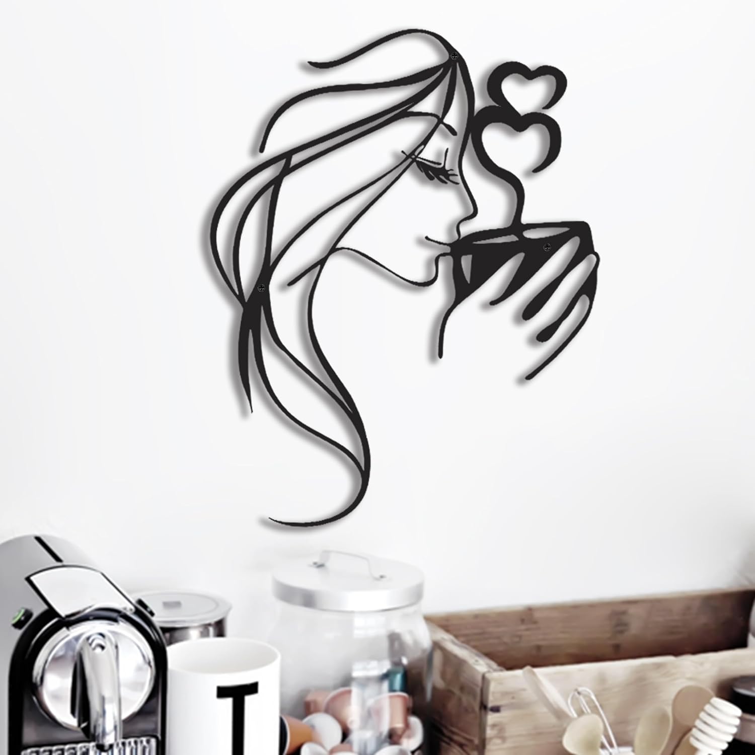 LIYAOLI 3D Black Metal Coffee Wall Art Bar Sign Decor,Kitchen Line Art Wall Decor,Woman Drinking Coffee Wall Sculptures,Unique Modern Wall Art for Living Room,Bedroom