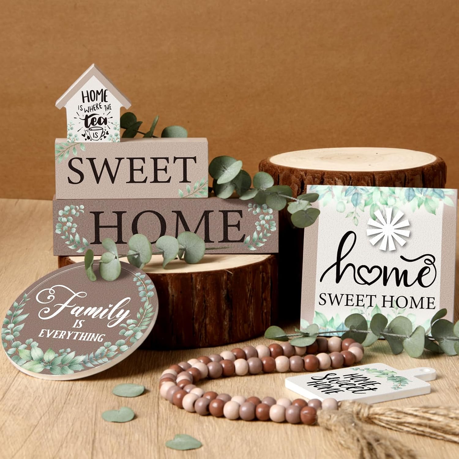 Yousoontic 7 Pcs Home Sweet Home Wooden Table Decorations, Farmhouse Tiered Tray Decor Rustic, Wood Block Signs Table Centerpieces Bead Garland for Kitchen Tabletop Housewarming