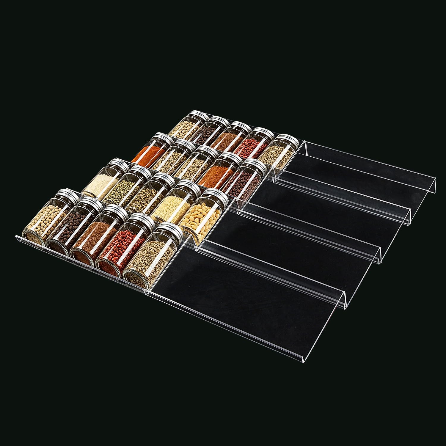 Expandable Acrylic Spice Drawer Organizer – 4-Tier Clear Seasoning Rack Insert for Kitchen Drawers, Adjustable from 9″ to 18″, Fits Most Spice Jars (Jars Not Included) 8-Pack