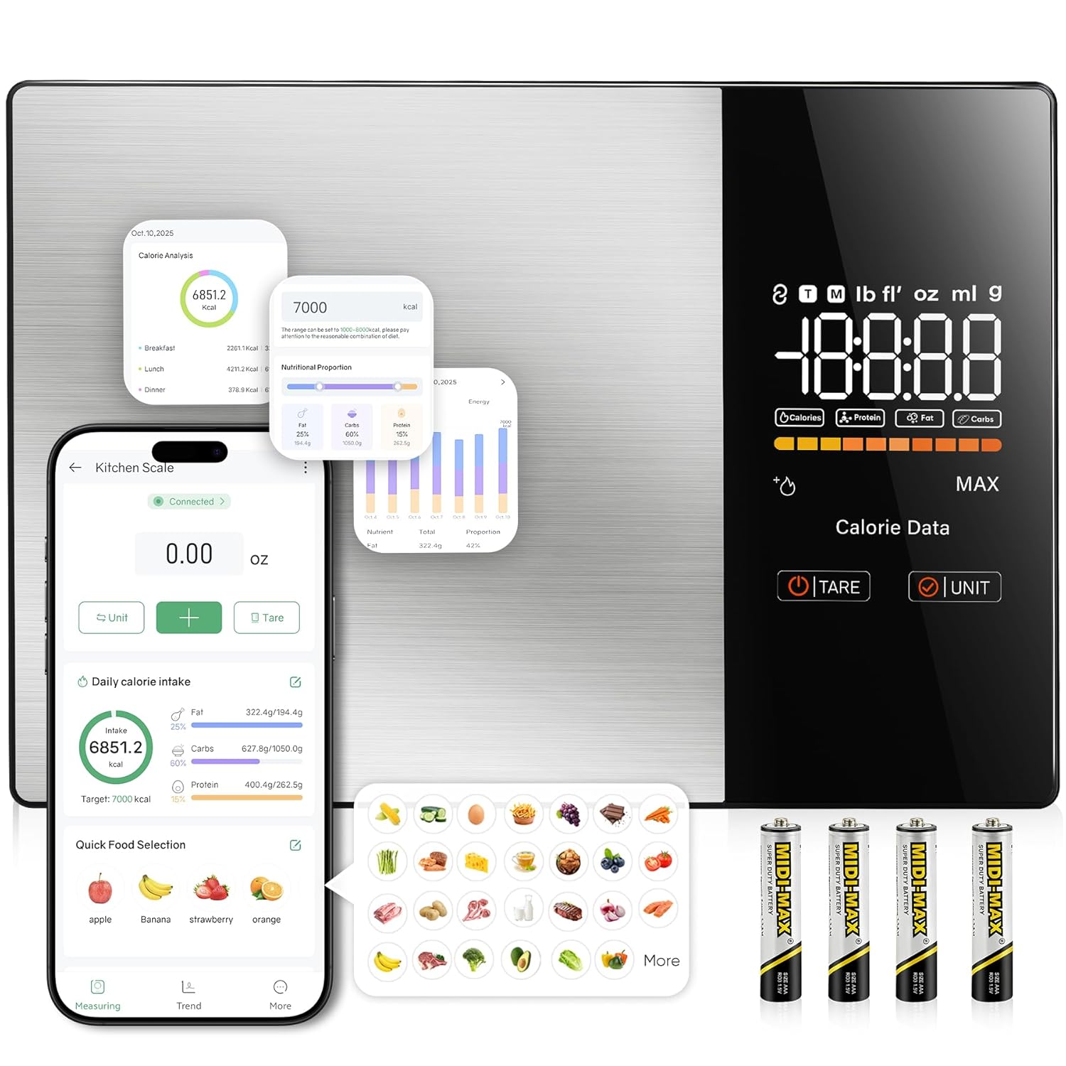 KUAIVO Smart Nutrition Food Scale with LED Display, Tracks Calories, Fat, Carbs & Protein via App, 1g Precision Digital Kitchen Scale for Healthy Eating & Meal Prep