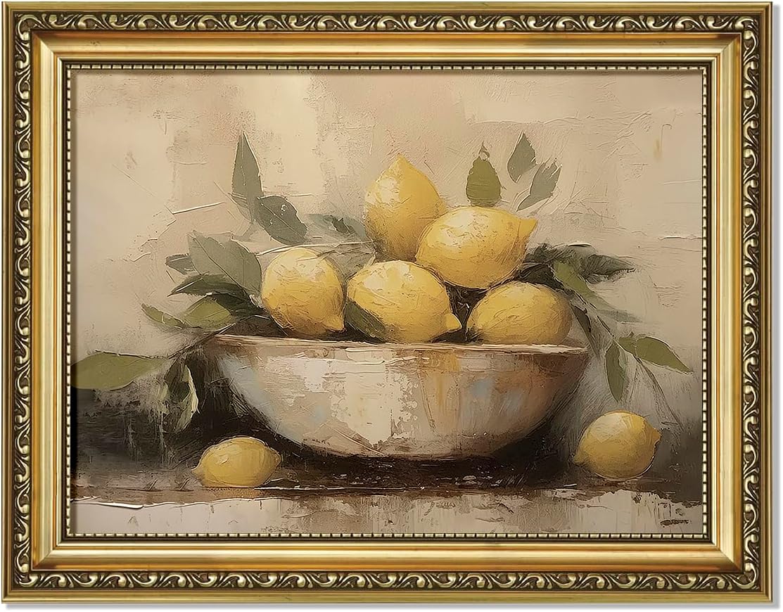 AIKETUO Gold Framed Retro Vintage Wall Art for Kitchen, Vintage Lemon Picture Kitchen Wall Decor, Artwork for Restaurant Hotel Living Dining Room Farmhouse Desk Table Decor 10″ L x 8″ W