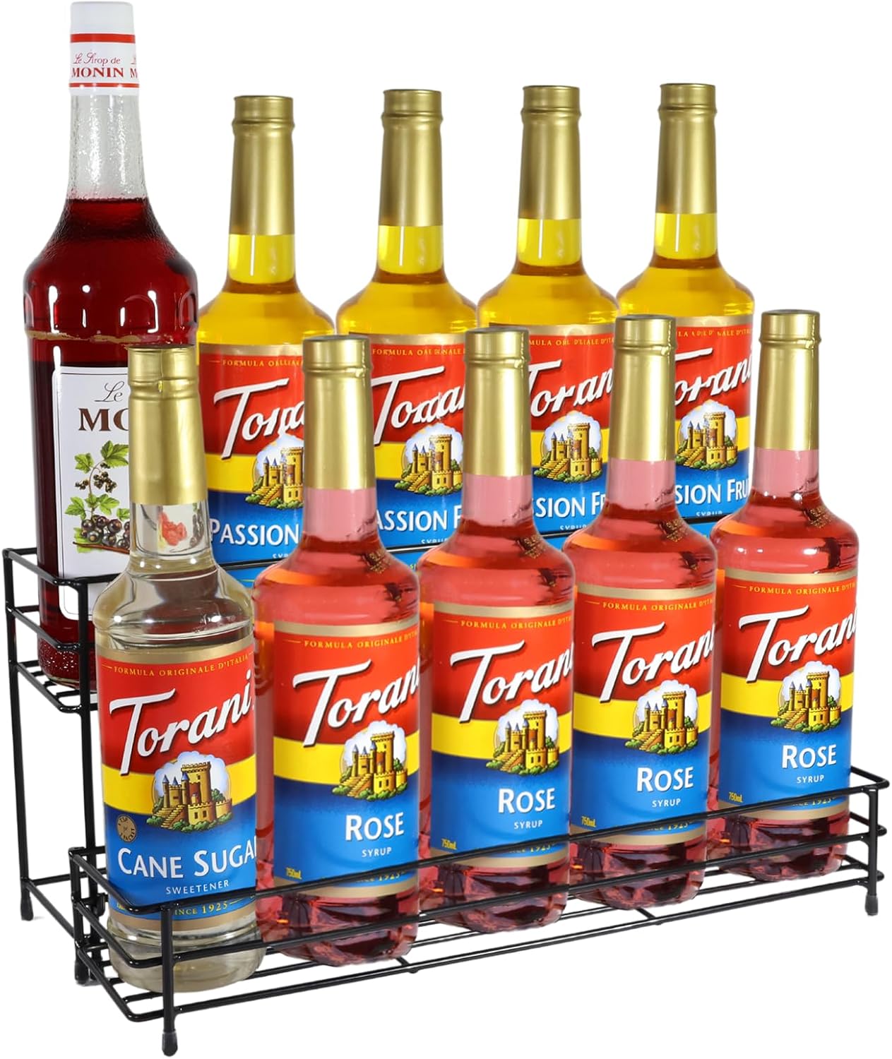 Coffee Syrup Organizer Rack, 2 Tier Coffee Syrup Stand Holder for Coffee Bar, 10 Bottles Wine Bottle Holder, Coffee Station Organizer Storage Shelf for Cocktail, Dressing, Coffee Bar Accessories