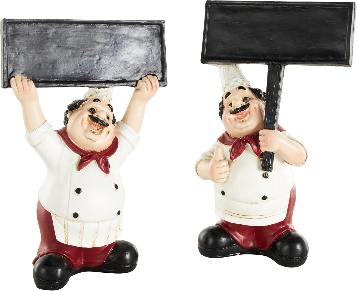 Deco 79 Polystone Chef Decorative Sculpture Kitchen Decorative Figurine Home Decor Statues with Chalkboard Signs, Set of 2 Accent Figurines 5″ W, 8″ H, White
