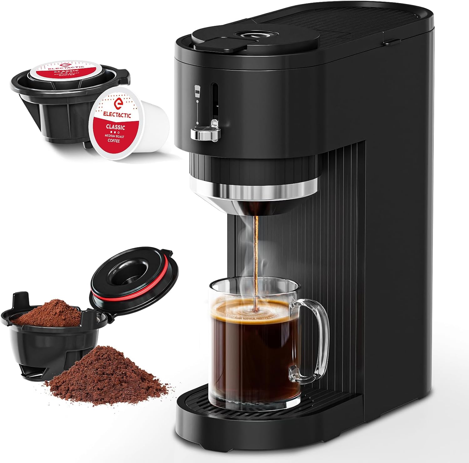 Single Serve Coffee Maker – Brew with Coffee Pods & Grounds, Compatible with Kcup Coffee Pods, Small Sizes Up to 6 8 10 12 14 Oz, 14 Oz Water Reservoir, Easy to Clean for Office Travel Home, Black