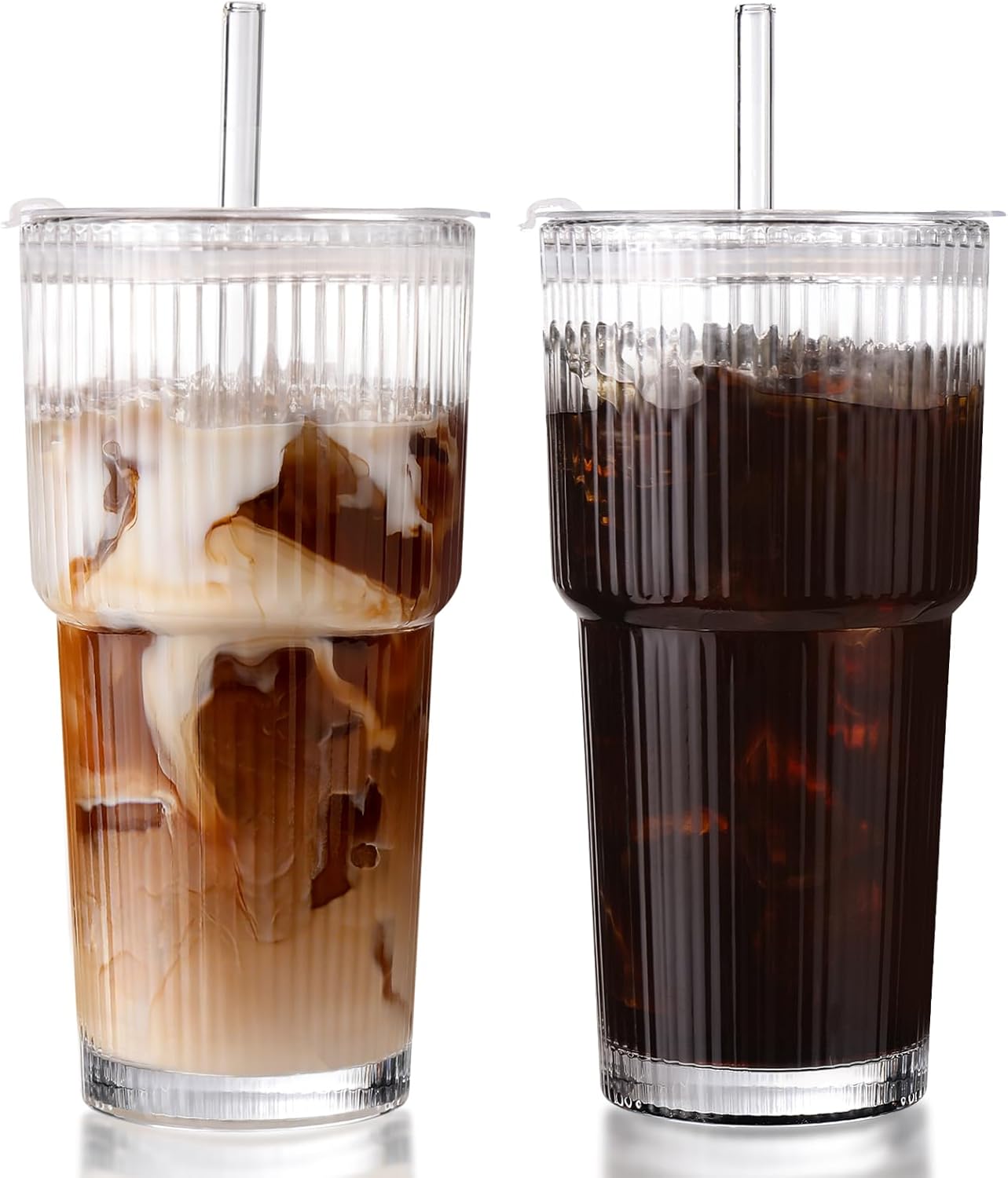 Iced Coffee Cups with Lids 2Pcs: Ribbed Glass Tumbler with Straw and Lid 20oz – Vintage Glass Cups with Lids and Straws – Tumbler Leak Proof Aesthetic Drinking for Coffee Bar Accessories