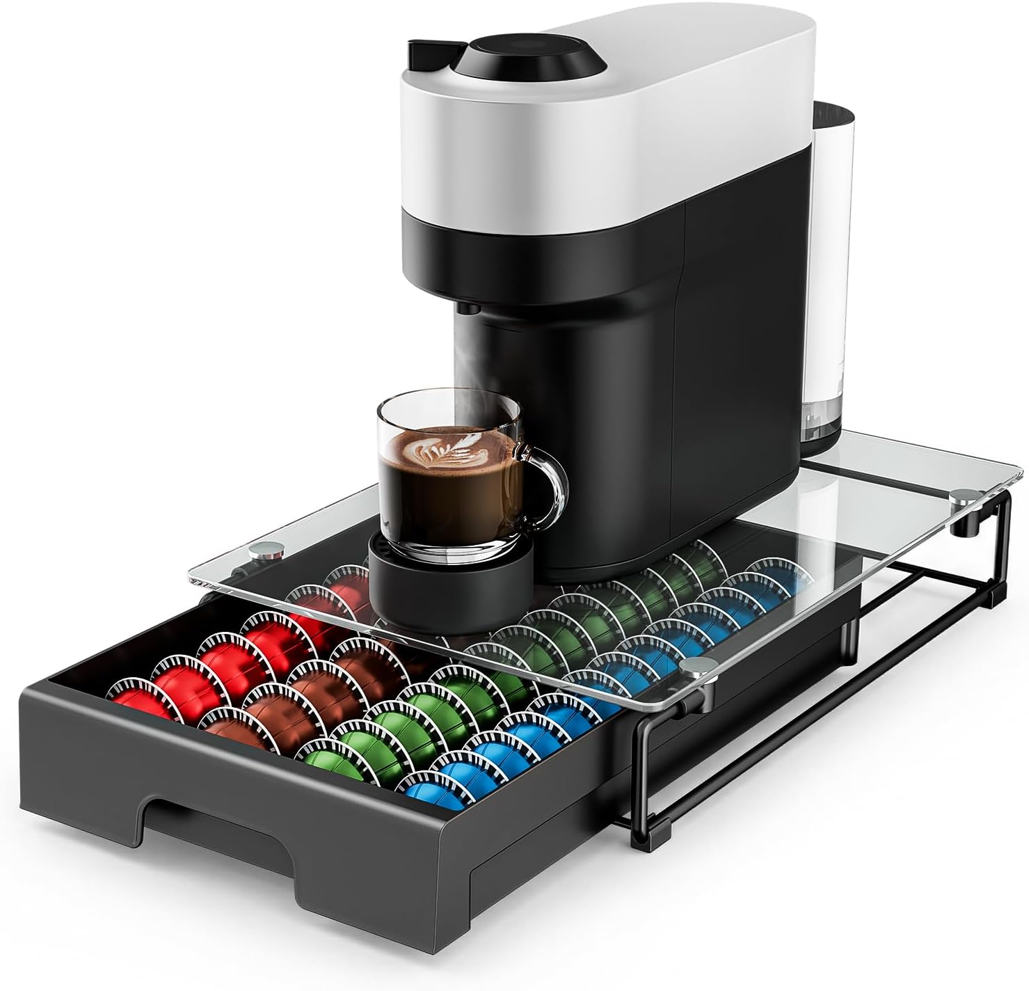 EVERIE Nespresso Vertuo Pod Holder Drawer, Coffee Pod Organizer with Universal Slots, Holds 40 Large or 52 Small Capsules, Tempered Glass Top Storage Drawer for Coffee Makers, 12″ x 16.5″ x 3.5″