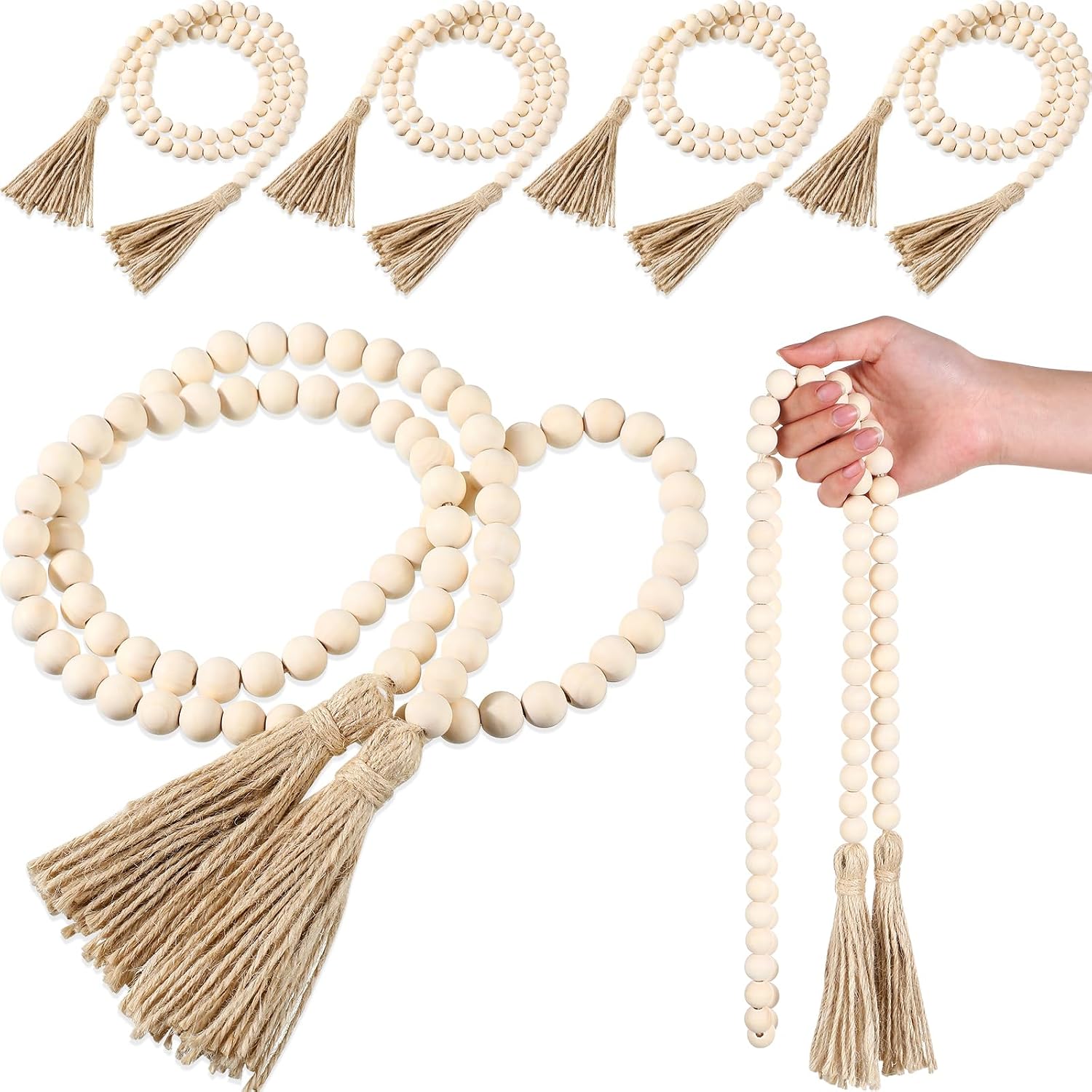 Geetery 6 Pcs 58” Bead Garland with Tassels, Rustic Country Decor, Boho Wall Hanging for Farmhouse Style, Versatile Prayer Beads for Home, Table, or Wall Decoration (Wood)
