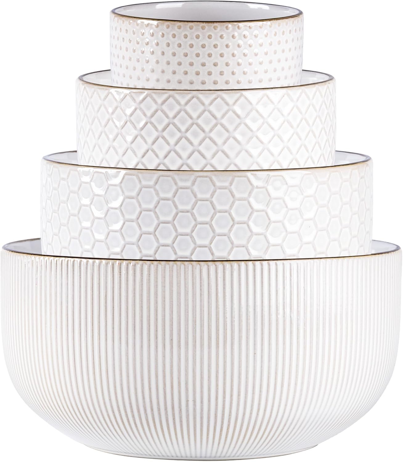 GBhome Ceramic Mixing Bowls Set, 20/45/105/150 oz, Stoneware Nesting Set of 4 embossed Kitchen Serving Bowls, Prep, Baking, Serving, Gift, Microwave and Dishwasher Safe, Dishware Collection-Off White